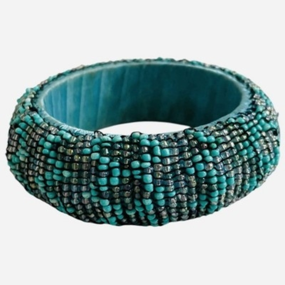 8" Artisan Studio Turquoise Seed Beaded Bangle Bracelet Good Plus Condition - Picture 2 of 4